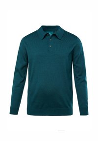 Koszulka polo z długim rękawem w kolorze teal, wykonana z prążkowanej tkaniny. Posiada klasyczny kołnierzyk, trzy guziki oraz dopasowany krój w talii i przy mankietach.