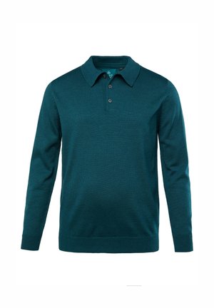 Polo tričko s dlouhým rukávem v barvě tyrkysové, vyrobené z žebrované tkaniny. Obsahuje klasický límec, tři knoflíky a úzký střih v pase a na manžetách.