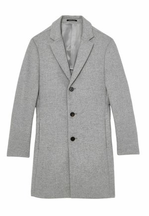 Lys grå uldblandingsfrakke med spids revers, tre-knaps lukning, sidelommer og en glat indvendig foring. Tekstureret overflade.