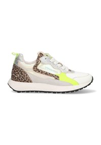 Multicolored sneaker with a white, silver, and neon yellow design; features leopard print accents and a textured sole for grip.