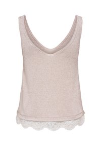 Haut sans manches en maille beige avec un décolleté en V et une bordure en dentelle blanche le long du bord inférieur.
