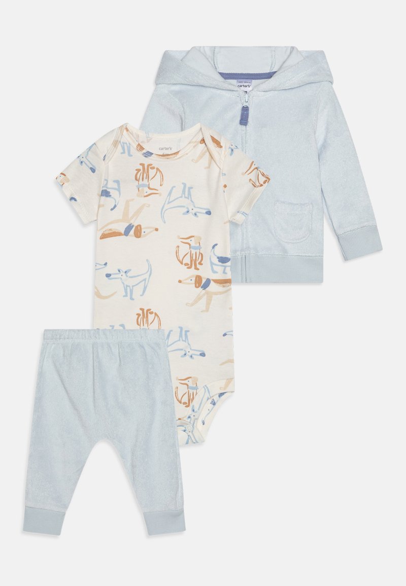 Three-piece children's outfit: soft blue zip-up hoodie, cream bodysuit with dog print, and light blue pants. Made from cozy materials.