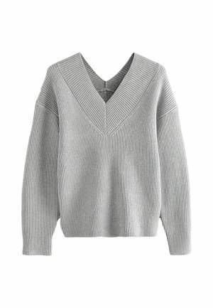 Grau gerippter Strickpullover mit tiefem V-Ausschnitt und abgesenkten Schultern, der eine strukturierte Optik und eine lockere Passform aufweist.