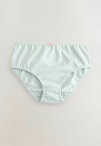 Culotte bikini di cotone blu chiaro con una consistenza morbida, caratterizzata da un piccolo fiocco rosa nella parte anteriore e lati arricciati per una vestibilità ottimale.