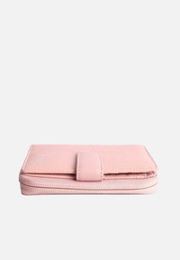 Pink faux leather wallet with a smooth texture, zip closure, front flap with a snap, and minimalistic stitching details.