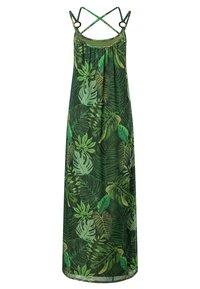 Grünes Maxikleid mit einem Blattmuster, mit verstellbaren gekreuzten Trägern und einem lockeren Schnitt, aus leichtem Stoff gefertigt.
