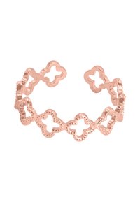 Armband aus Roségold mit ineinander verschlungenen Vierblattformen, strukturierten Oberflächen und offenen Enden zur Verstellbarkeit.