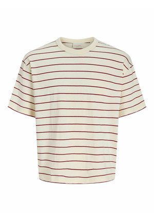 T-shirt color crema a maniche corte con sottili righe orizzontali marrone scuro e scollo rotondo, mostrata su sfondo bianco.