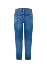 Jean en denim bleu vu de dos avec deux poches arrière, des passants de ceinture et une pièce en cuir marron sur la ceinture.