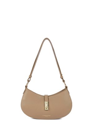 Beige leather shoulder bag with a curved shape, gold hardware, and a central tab closure. Features an adjustable strap for versatility.