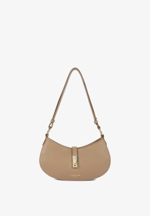 Beige leather shoulder bag with a curved shape, gold hardware, and a central tab closure. Features an adjustable strap for versatility.