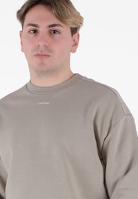 Felpa marrone chiaro con scollo a costine e vestibilità rilassata, dotata di un piccolo logo bianco "Calvin Klein" sul petto.