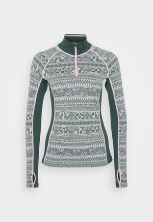 Green and gray patterned long-sleeve top with a quarter-zip neck, featuring pink accent seams and a mix of geometric designs.