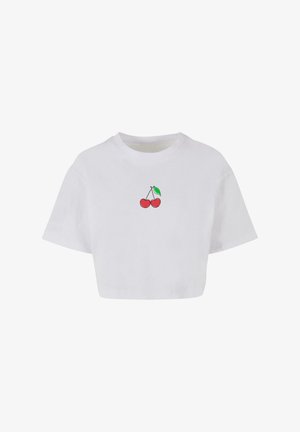 Tricou scurt alb din bumbac, cu un grafic roșu de cireș cu o frunză verde în centru. Mâneci scurte și croială relaxată.