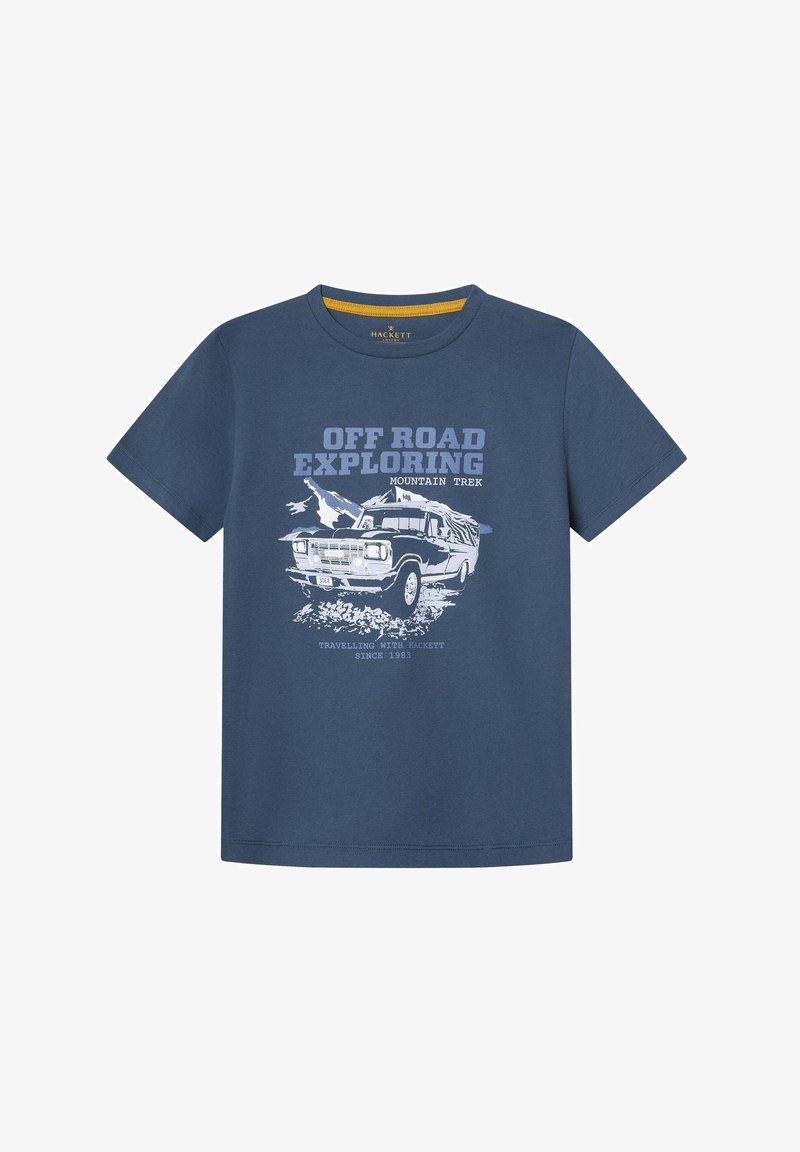 Navyblauwe katoenen T-shirt met een witte graphic van een off-road voertuig, bergen en de tekst "OFF ROAD EXPLORING MOUNTAIN TREK."