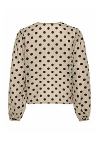 Beige bluse med sorte prikker, lange puffede ærmer og rund halsudskæring. Glat tekstur med rynkedetaljer ved ærmeafslutningerne.