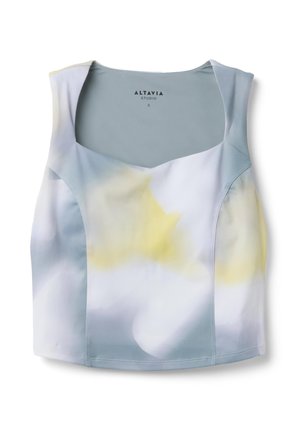 Ärmelloses, kurz geschnittenes Top mit breiten Trägern, weichem blau-weißem Batikmuster und dezenten gelben Akzenten, Größe S von Altavia Studio.