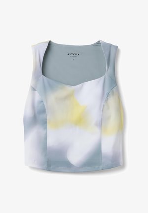 Ärmelloses, kurz geschnittenes Top mit breiten Trägern, weichem blau-weißem Batikmuster und dezenten gelben Akzenten, Größe S von Altavia Studio.