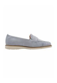 Mocassins en daim bleu clair avec une semelle en caoutchouc flexible, présentant un design plissé à l'avant et un bout lisse et arrondi.