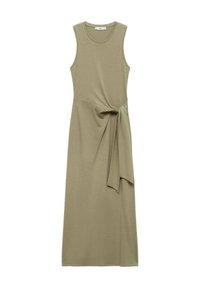 Oliviavihreä hihaton midi-mekko, jossa on pyöreä kaula-aukko ja sivu-solmittava yksityiskohta vyötäröllä.