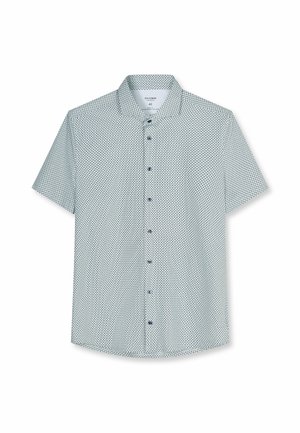 Wit overhemd met korte mouwen, klein blauw geometrisch patroon en klassieke kraag, maat 40, plat tegen een witte achtergrond weergegeven.