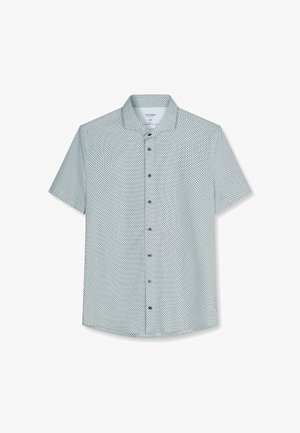 Camicia bianca a manica corta con piccolo motivo geometrico blu e colletto classico, taglia 40, mostrata distesa su sfondo bianco.