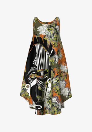 Šaty bez rukávů ve střihu do áčka s výrazným abstraktním potiskem africké masky v černé, bílé, oranžové, olivově zelené a žluté barvě.