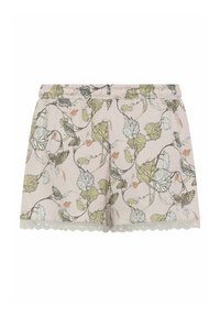 Pantaloni scurți roz deschis cu un model floral în verde și portocaliu. Au o talie elastică și un tiv din dantelă cu edge înforma de semicerc.