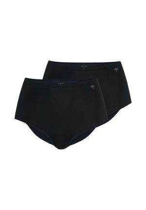 Kaksi mustaa saumattomilla korkeavyötäröisillä alushousua, joissa pieni hopeinen kukkakuvio edessä, merkattu kokoon M, valkoisella taustalla esitettynä.