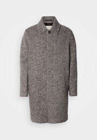 Palton din lână houndstooth gri, cu guler, un singur nasture și buzunare laterale. Țesătura are un model texturat, țesut.