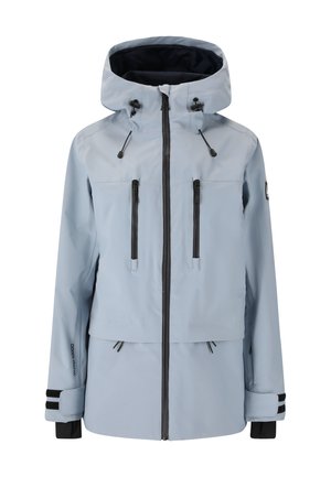 Hellblaues wasserfestes Jackett mit einem Reißverschluss vorne, verstellbare Kapuze, zwei Taschen mit Reißverschluss auf der Brust und schwarzen Akzentstreifen an den Bündchen.