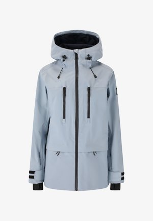 Hellblaues wasserfestes Jackett mit einem Reißverschluss vorne, verstellbare Kapuze, zwei Taschen mit Reißverschluss auf der Brust und schwarzen Akzentstreifen an den Bündchen.