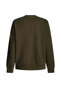 Mörkgrön sweatshirt med ribbad textur, långa ärmar och rund halsringning. Har en logotagg på baksidan och åtsittande muddar.