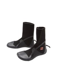 Black neoprene boots with rubber soles, mid-calf height, fitted design, reinforced toe, and a brand logo in red.