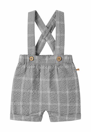 Hallid väikelaste lühikesed püksid elastse vöökohaga ja risti üle õla rihmadega, millel on peen ruuduline muster ja puidust nööbid.