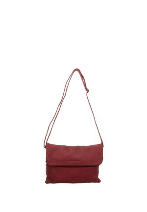 Red leather crossbody bag with adjustable strap and flap closure, displayed against a white background.