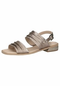 Sandalias metálicas beige con dos tiras drapeadas, punta abierta y un pequeño tacón cuadrado. Presentan una correa ajustable en el tobillo con una hebilla plateada.
