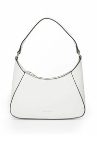Sac à main synthétique blanc au forme incurvée, avec des finitions noires et une fermeture éclair dorée. Il dispose d'une courte anse robuste. Design minimaliste.