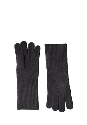 Paire de longs gants en maille gris foncé avec poignets côtelés, conçus pour couvrir les poignets et une partie des avant-bras.