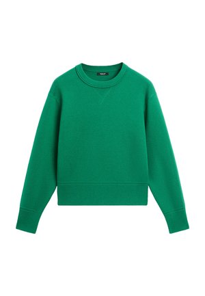 Maglione verde a girocollo con maniche lunghe, polsini e orlo a coste, e un piccolo dettaglio a punto "V" sotto il colletto.