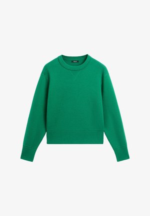 Maglione verde a girocollo con maniche lunghe, polsini e orlo a coste, e un piccolo dettaglio a punto "V" sotto il colletto.