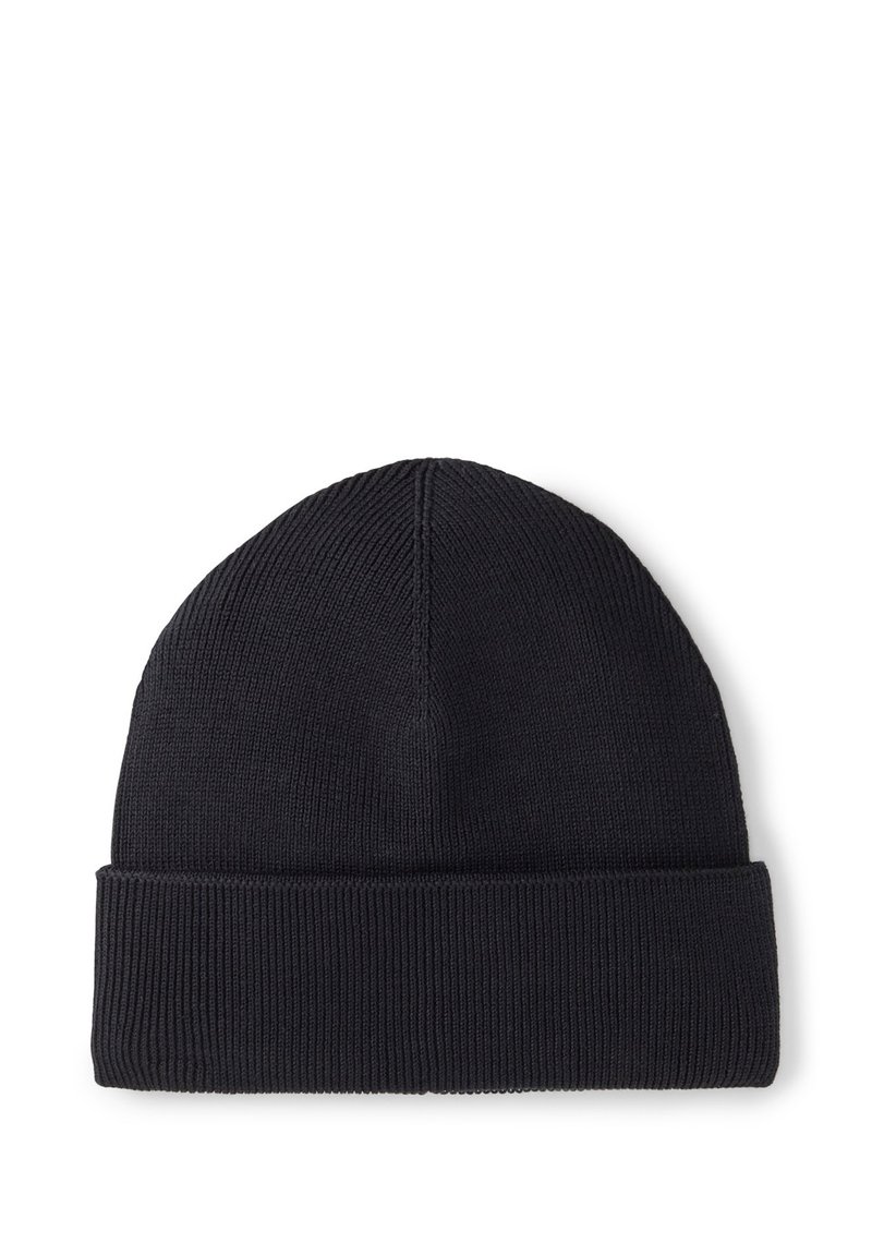 Bonnet en tricot noir avec un bord replié, design texturé en côtes, et forme cylindrique. Convient pour un port par temps froid.