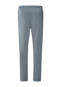 Grijze slim-fit broek gemaakt van zacht, lichtgewicht materiaal met een gladde textuur en een elastische tailleband. Geen zakken of zichtbare naden.
