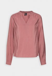 Blusa rosa a maniche lunghe con scollatura a V, colletto a ruches e texture liscia. Presenta maniche arricciate e un design a vestibilità ampia.