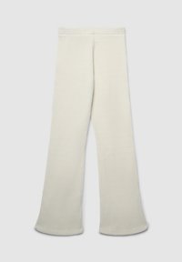 Pantaloni a zampa d'elefante a coste, di un bianco sporco, con una cintura liscia e una consistenza morbida, progettati per una vestibilità comoda dalla vita all'orlo.