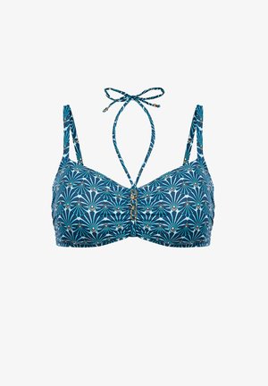 Niebieski top bikini z geometrycznym, kwiatowym wzorem, regulowanym paskiem do zawiązywania na szyi i cienkimi ramiączkami, z przodu na środku ozdobiony złotymi detalami w formie pierścieni.