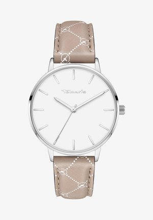 Zilveren horloge met een witte wijzerplaat, slanke markeringen en een beige leren band met een wit stippenpatroon.