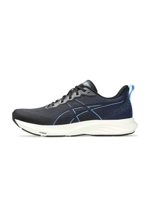 Lightweight running shoe with a black mesh upper, blue accents, and white midsole. Features a textured surface and lace closure.