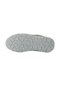 Gray athletic shoe sole with a textured rubber surface featuring a geometric tread pattern for traction and stability.