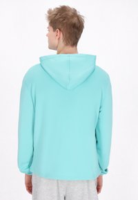 Felpa leggera blu con cappuccio regolabile, maniche lunghe e una texture liscia. La parte posteriore è semplice, con dettagli minimi.